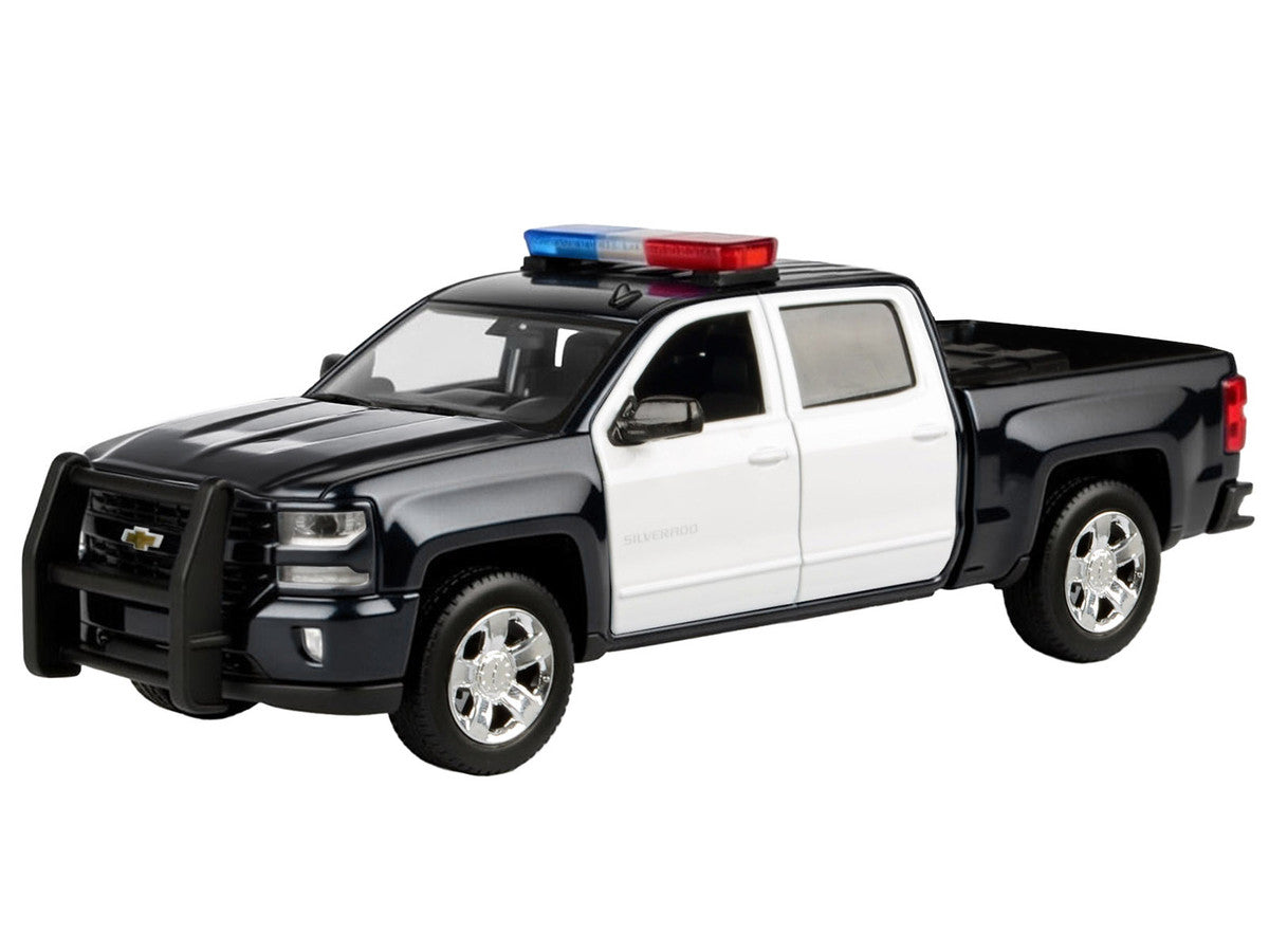 2017 Chevrolet Silverado 1500 LT Z71 Crew Cab Pickup Truck Black and White with Flashing Light Bar and Front and Rear Lights and Sounds 1/27 Diecast Model Car by Motormax Motormax
