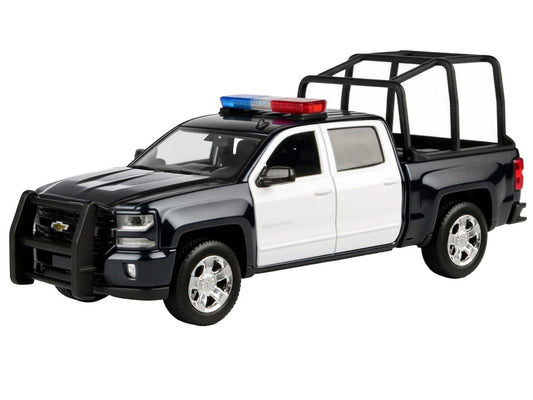 2017 Chevrolet Silverado 1500 LT Z71 Crew Cab Pickup Truck with Bed Cage Black and White with Flashing Light Bar and Front and Rear Lights and Sounds 1/27 Diecast Model Car by Motormax Motormax