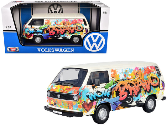 Volkswagen Type 2 (T3) Van White Metallic with Graffiti Graphics 1/24 Diecast Model Car by Motormax Motormax