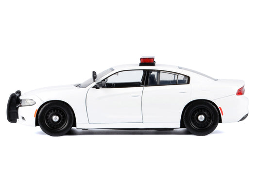 2023 Dodge Charger Pursuit Police Car Unmarked White with Flashing Light Bar Front and Rear Lights and 2 Sounds "Builder's Kit" 1/24 Diecast Model Car by Motormax W2B