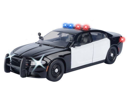 2023 Dodge Charger Pursuit Police Car Black and White with Flashing Light Bar Front and Rear Lights and 2 Sounds "Builder's Kit" 1/24 Diecast Model Car by Motormax Motormax