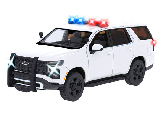2025 Chevrolet Tahoe PPV White "Builder's Kit" with Flashing Light Bar and Front and Rear Lights and Sounds 1/24 Diecast Model Car by Motormax Motormax