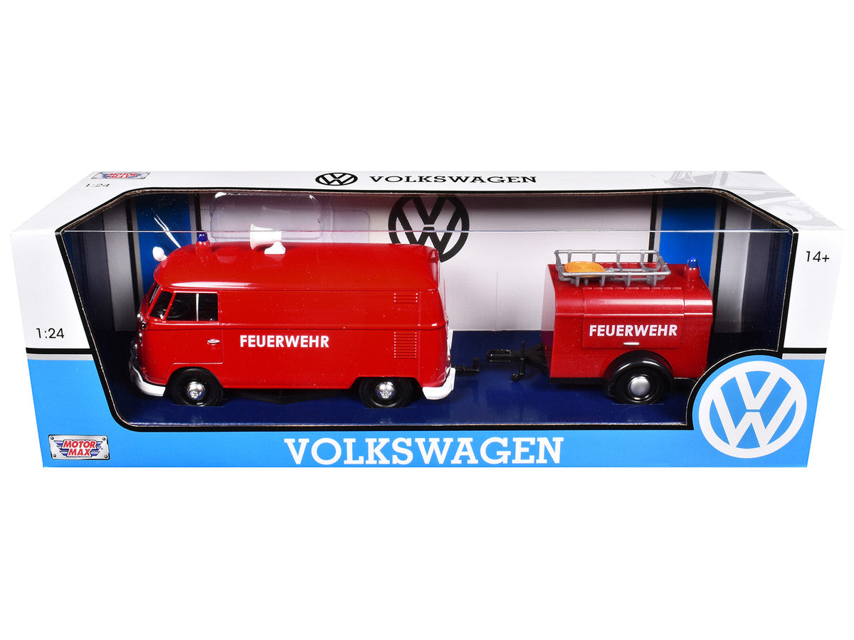 Volkswagen Type 2 (T1) Fire Van with Fire Fighting Trailer "Feuerwehr" Red 1/24 Diecast Model Car by Motormax Motormax
