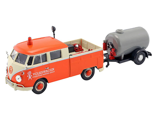 Volkswagen Type 2 (T1) Pickup Truck Orange and Cream with Oil Trailer "Road Service" 1/24 Diecast Model Car by Motormax Motormax
