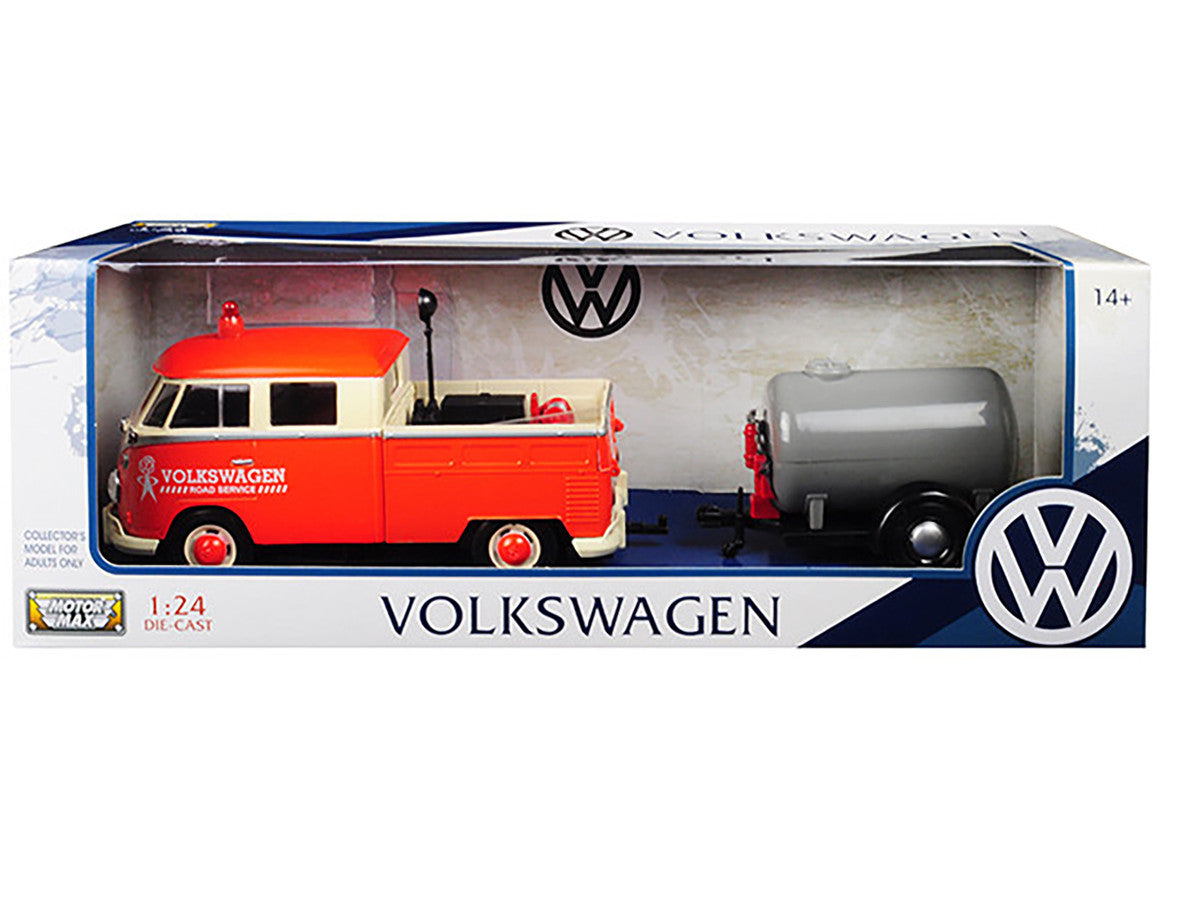Volkswagen Type 2 (T1) Pickup Truck Orange and Cream with Oil Trailer "Road Service" 1/24 Diecast Model Car by Motormax Motormax