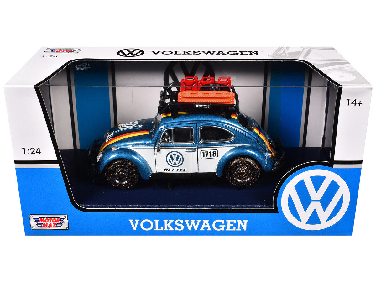 1966 Volkswagen Beetle Off Road #1718 Blue Metallic and White with German Flag Stripes and Roof Rack Accessories 1/24 Diecast Model Car by Motormax Motormax