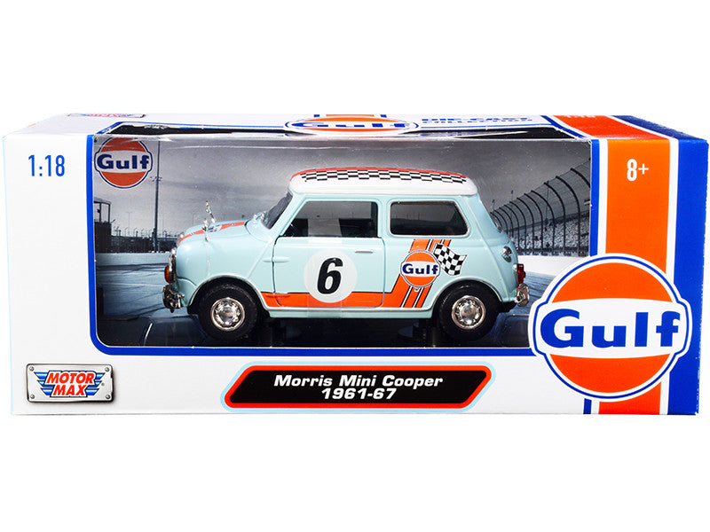 1961-1967 Morris Mini Cooper RHD (Right Hand Drive) #6 "Gulf Oil" Light Blue with Orange Stripes and Checkered Top "City Classics" Series 1/18 Diecast Model Car by Motormax Motormax