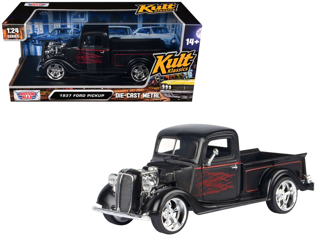 1937 Ford Pickup Truck Matt Black with Red Flame Graphics "Kult Klassics" Series 1/24 Diecast Model Car by Motormax Motormax