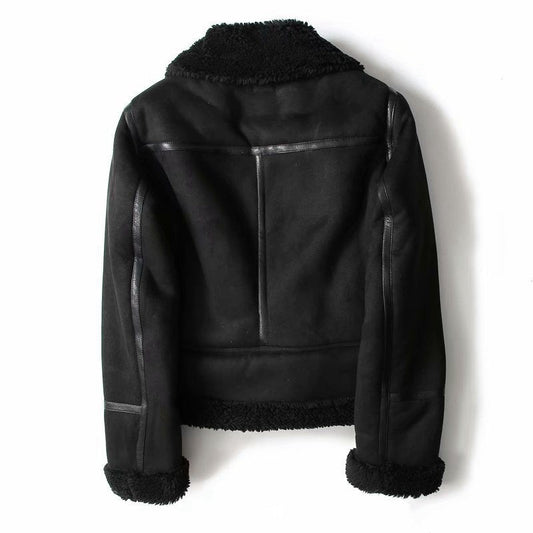 Women's Winter Suede Motorcycle Jacket - Lamb Wool Lined Lapel Coat in Black & Khaki LadyShow.Store