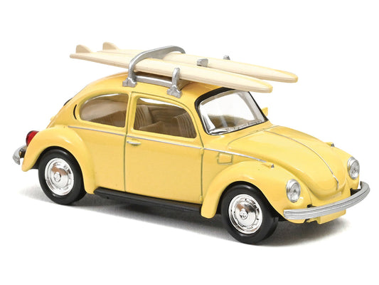 1973 Volkswagen Beetle 1303 Pastel Yellow with Roof Rack and 2 Surfboards 1/43 Diecast Model Car by Norev Norev