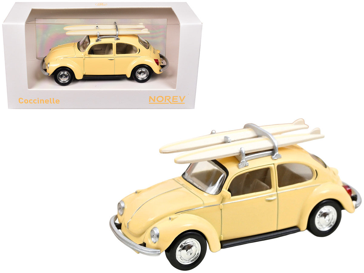 1973 Volkswagen Beetle 1303 Pastel Yellow with Roof Rack and 2 Surfboards 1/43 Diecast Model Car by Norev Norev