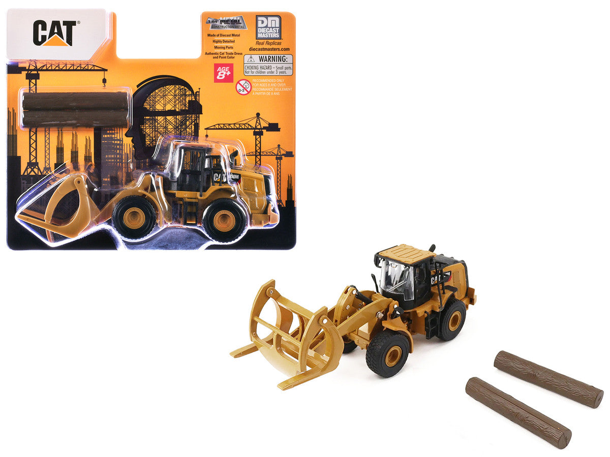 CAT Caterpillar 950M Wheel Loader Yellow with Log fork and Wood Log 1/64 Diecast Model by Diecast Master Diecast Masters