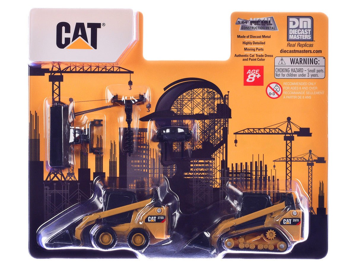 CAT Caterpillar 272D Skid Steer Loader and 297D Compact Track Loader with Interchangeable Attachment Yellow 1/64 Diecast Model by Diecast Master Diecast Masters
