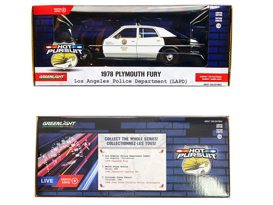 1978 Plymouth Fury Black and White "LAPD (Los Angeles Police Department)" "Hot Pursuit" Series 9 1/24 Diecast Model Car by Greenlight Greenlight