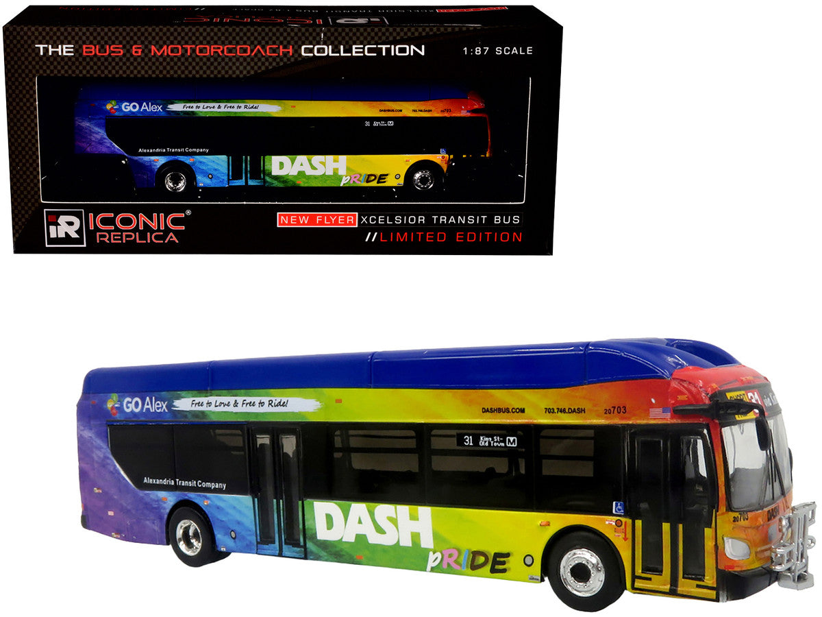 New Flyer Xcelsior XN40 Transit Bus "DASH Pride Livery" Blue with Rainbow Graphics "The Bus & Motorcoach Collection" Limited Edition 1/87 (HO) Diecast Model by Iconic Replicas Iconic Replicas