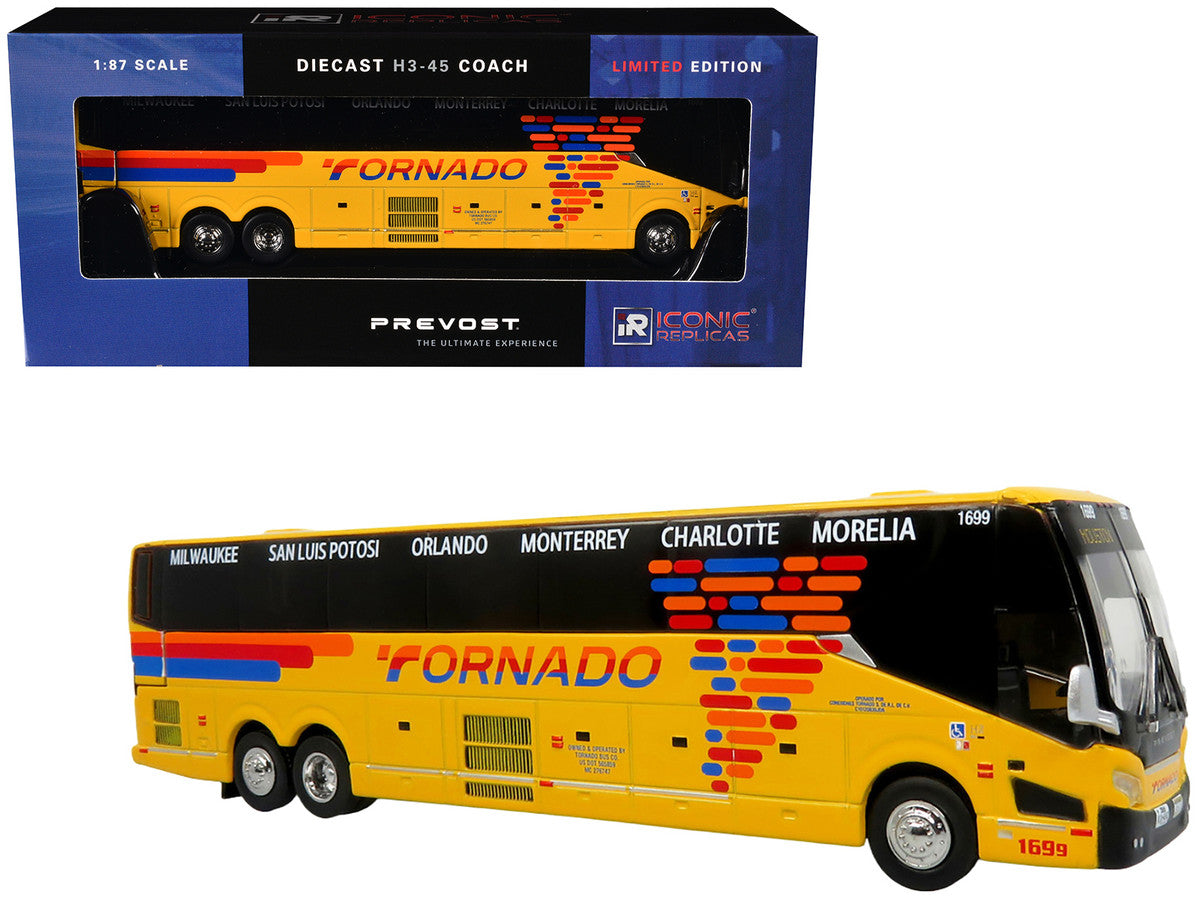 Prevost H3-45 Coach Bus "Tornado Bus Company" Yellow with Graphics Limited Edition 1/87 (HO) Diecast Model by Iconic Replicas Iconic Replicas