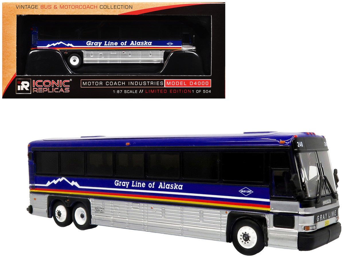 2001 MCI D4000 Coach Bus "Gray Line of Alaska" Dark Blue with Stripes "Vintage Bus & Motorcoach Collection" Limited Edition to 504 pieces Worldwide 1/87 (HO) Diecast Model by Iconic Replicas Iconic Replicas