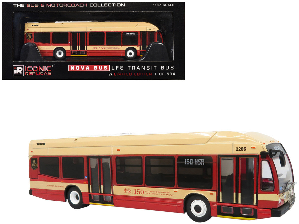 Nova Bus LFS HEV Transit Bus "Hamilton Street Railway 150th Anniversary" Cream and Red "The Bus & Motorcoach Collection" Limited Edition to 504 pieces Worldwide 1/87 (HO) Diecast Model by Iconic Replicas Iconic Replicas