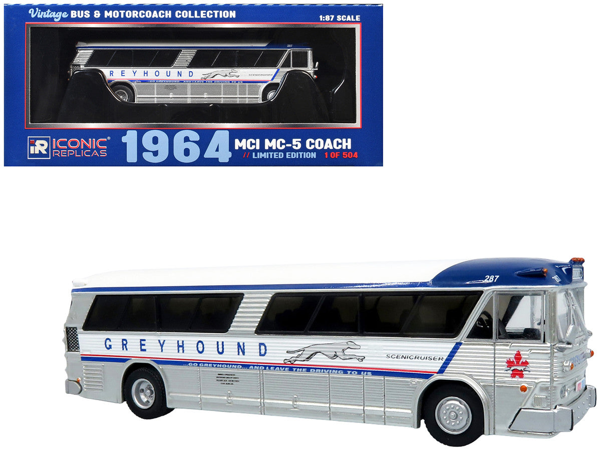 1964 MCI MC-5A Coach Bus "Greyhound Canada" White with Blue Stripes "Vintage Bus & Motorcoach Collection" Limited Edition to 504 pieces Worldwide 1/87 (HO) Diecast Model by Iconic Replicas Iconic Replicas
