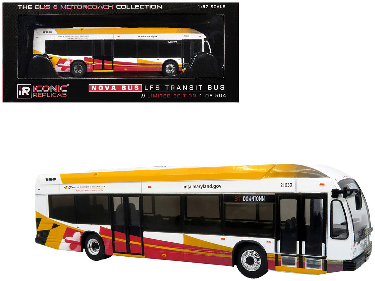 Nova Bus LFSH Hybrid Transit Bus "MTA Maryland" White with Red and Yellow Graphics "The Bus & Motorcoach Collection" Limited Edition to 504 pieces Worldwide 1/87 (HO) Diecast Model by Iconic Replicas Iconic Replicas