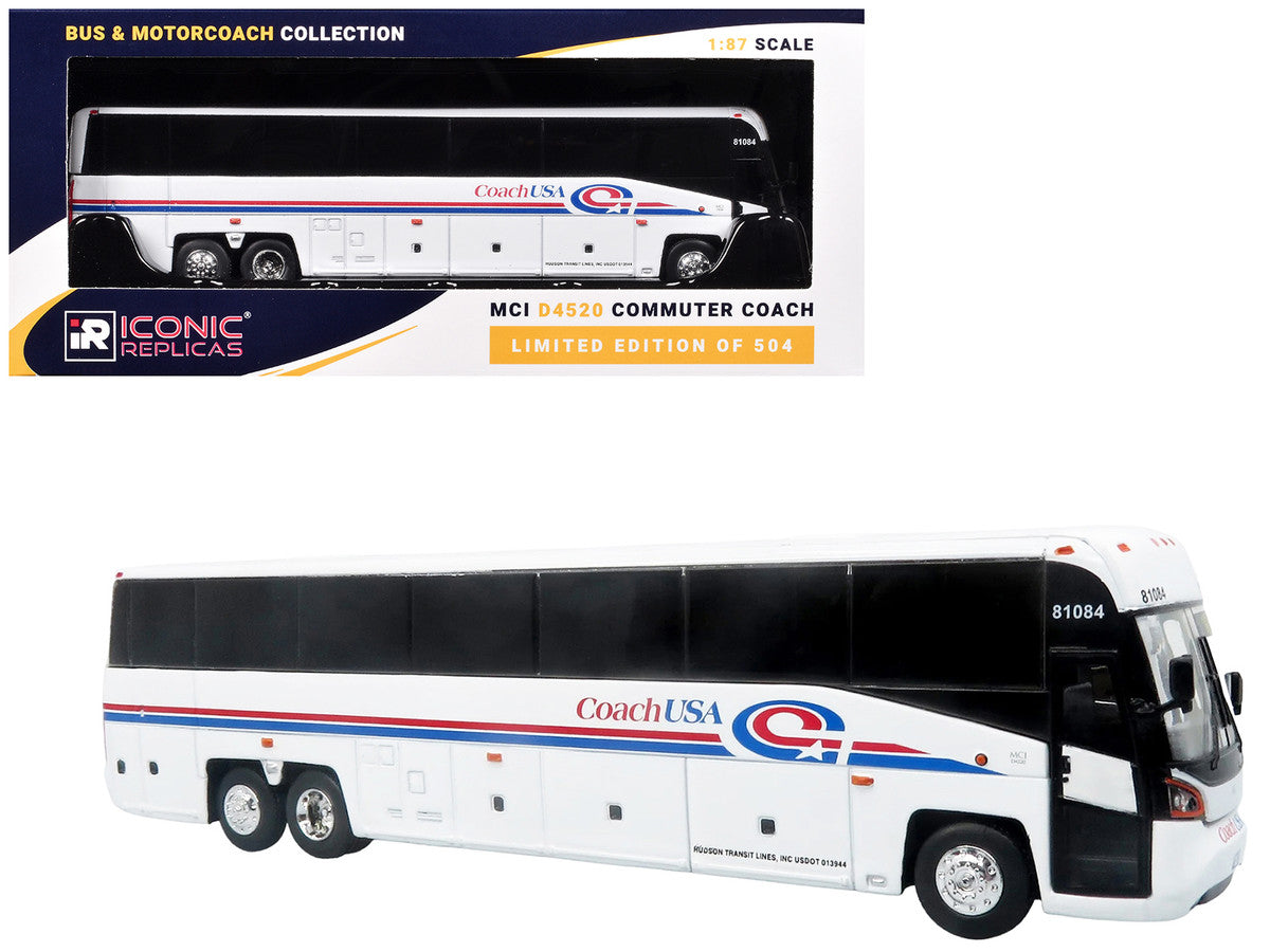 MCI D4520 Commuter Coach Bus "Coach USA" White with Blue and Red Stripes "The Bus & Motorcoach Collection" Limited Edition to 504 pieces Worldwide 1/87 (HO) Scale Diecast Model by Iconic Replicas Iconic Replicas