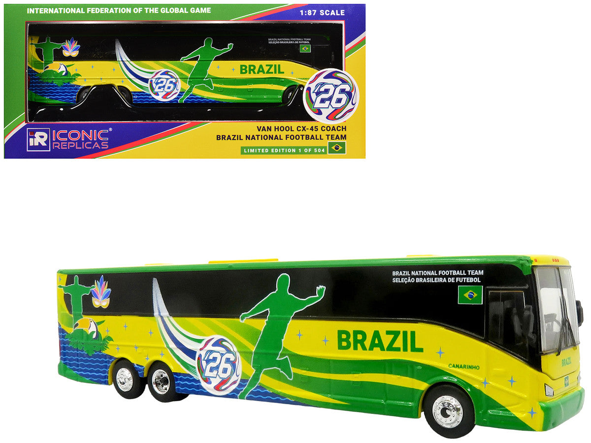 Van Hool CX-45 Coach Bus "Brazil National Football Team" Yellow and Green with Graphics "International Federation of the Global Game" Series Limited Edition to 504 pieces Worldwide 1/87 (HO) Diecast Model by Iconic Replicas-4