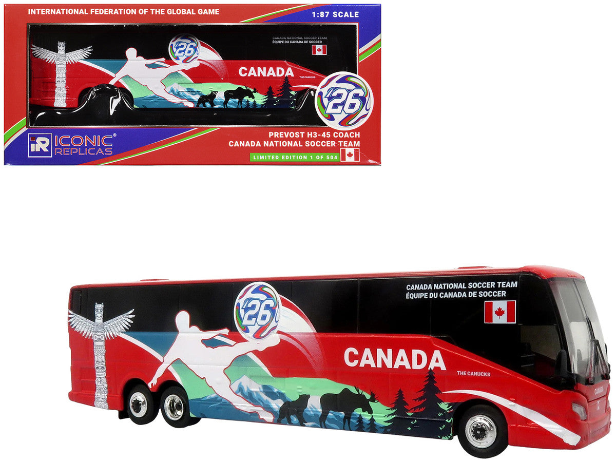 Prevost H3-45 Coach Bus "Canada National Soccer Team" Red with Graphics "International Federation of the Global Game" Series Limited Edition to 504 pieces Worldwide 1/87 (HO) Diecast Model by Iconic Replicas-4