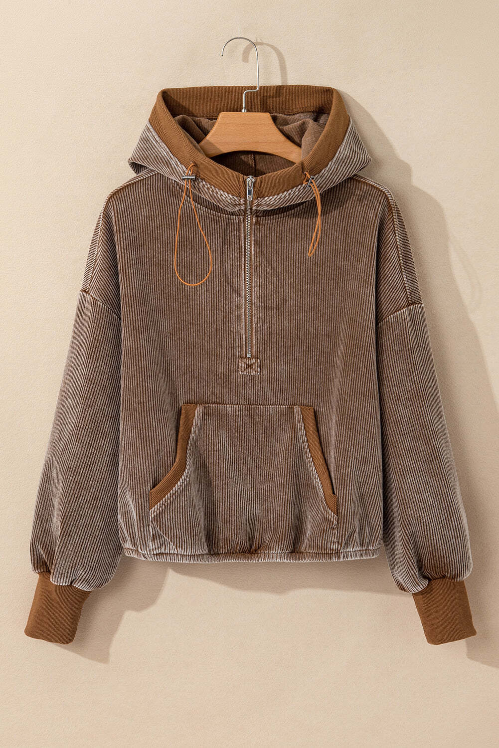 Chestnut Half Zipper Kangaroo Pocket Drawstring Corduroy Hoodie W2B