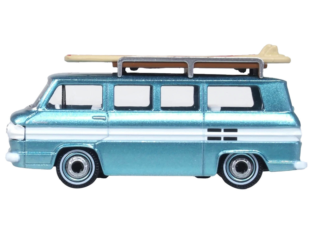 1961 Chevrolet Corvair Greenbrier Passenger Wagon Van Turquoise Metallic and Cameo White with Surfboards on Roof 1/87 (HO) Scale Diecast Model Car by Oxford Diecast Oxford Diecast