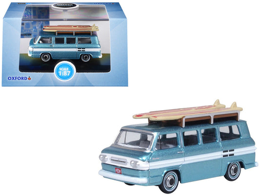 1961 Chevrolet Corvair Greenbrier Passenger Wagon Van Turquoise Metallic and Cameo White with Surfboards on Roof 1/87 (HO) Scale Diecast Model Car by Oxford Diecast Oxford Diecast