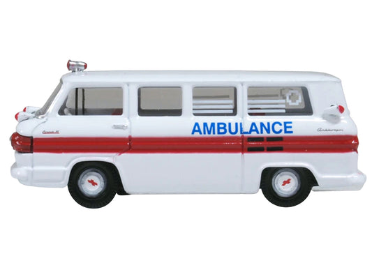 1962 Chevrolet Corvair Greenbrier AmbleWagon Ambulance White with Red Stripes 1/87 (HO) Scale Diecast Model Car by Oxford Diecast-1