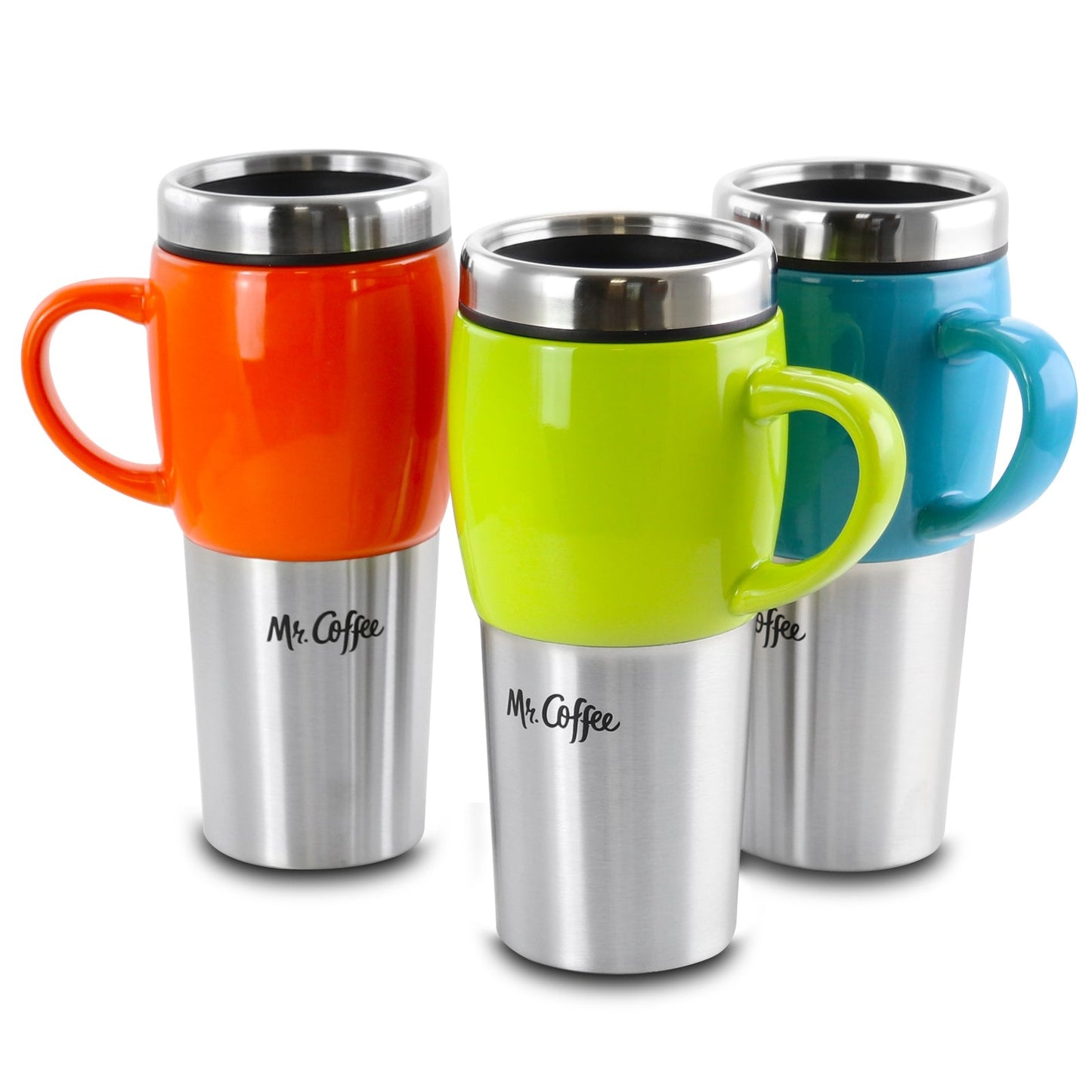 Mr. Coffee Traverse 3 Piece 16 Ounce Stainless Steel and Ceramic Travel Mug and Lid in Red, Blue and Green W2B