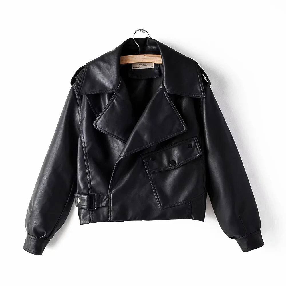 Women's PU Leather Motorcycle Jacket - Lapel Collar Street Style Biker Jacket (50-65cm Length) LadyShow.Store