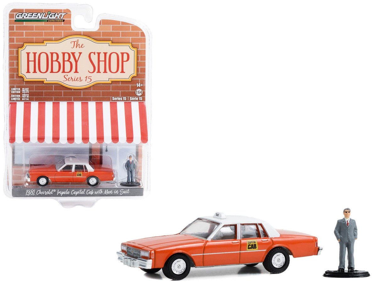 1981 Chevrolet Impala "Capitol Cab" Taxi Orange with White Top and Man in Suit Figure "The Hobby Shop" Series 15 1/64 Diecast Model Car by Greenlight Greenlight
