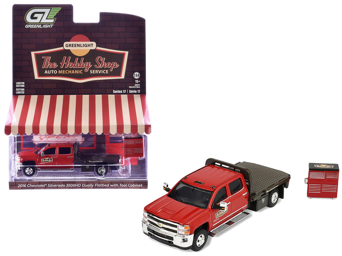 2016 Chevrolet Silverado 3500HD Dually Flatbed Truck "Hobby Shop Auto Mechanic" Red with Tool Cabinet "The Hobby Shop" Series 17 1/64 Diecast Model Car by Greenlight Greenlight
