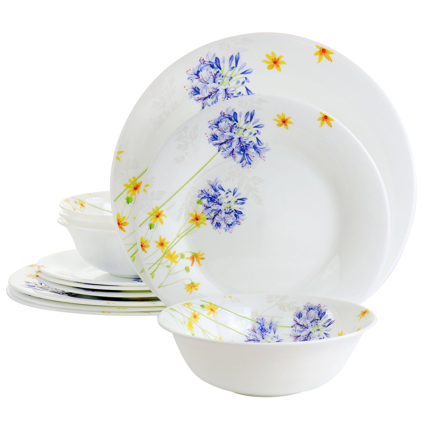 Gibson Ultra Violet Floral 12 Piece Tempered Opal Glass Dinnerware Set W2B