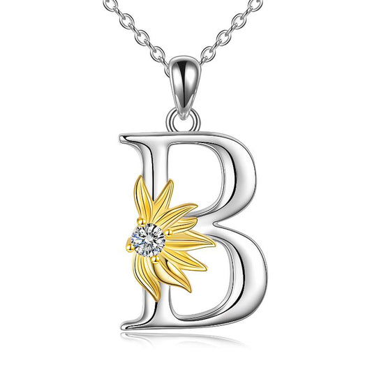 Sterling Silver Initial Alphabet Sunflower A Letter Script Name Pendant Necklace LadyShow.Store