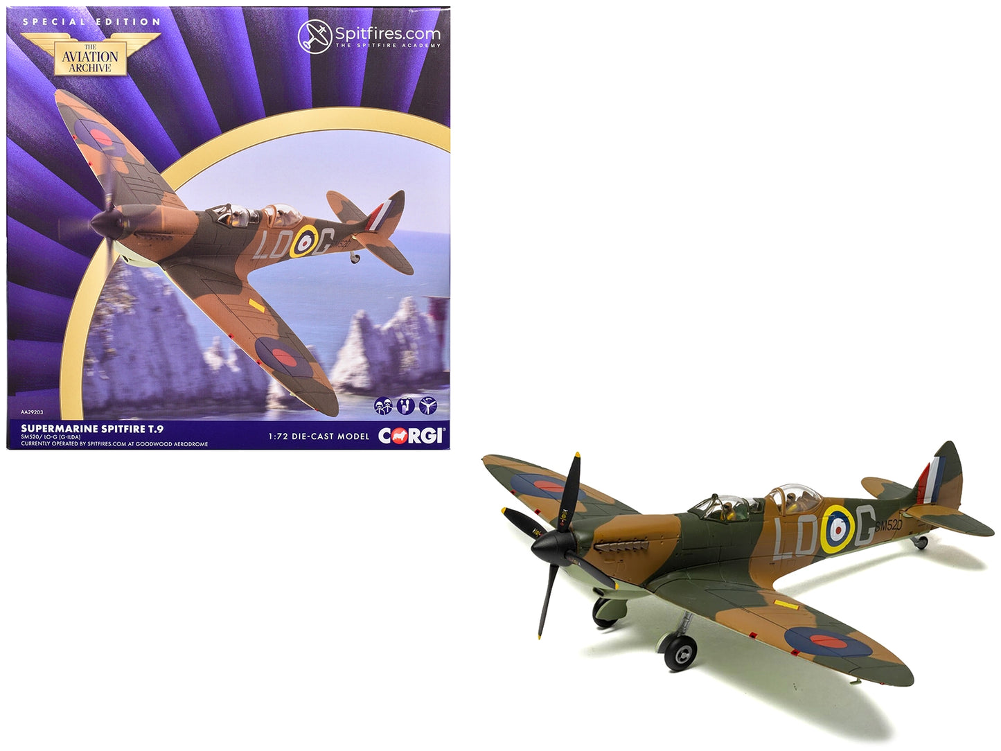 Supermarine Spitfire T.9 Aircraft "SM520 Spitfires.com Goodwood Aerodrome" British Royal Air Force "The Aviation Archive" Series 1/72 Diecast Model by Corgi