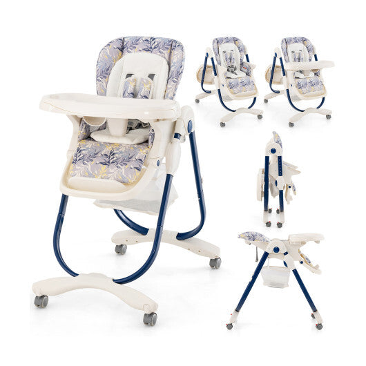 Multifunctional Folding Baby High Chair with Rolling Wheels and Adjustable Height-Pink W2B