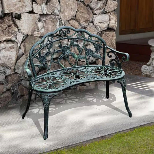 Outdoor Patio 40-inch Garden Bench with Backrest in Antique Green Metal Finish FastFurnishings