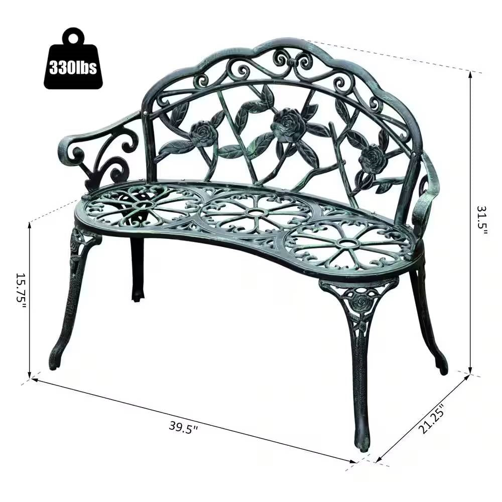 Outdoor Patio 40-inch Garden Bench with Backrest in Antique Green Metal Finish FastFurnishings