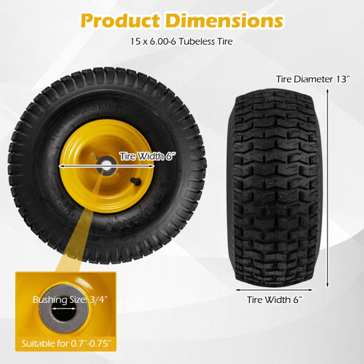 15 x 6.00-6 Tubeless Tires and Wheels 2 Pack 4 PR Tires-Yellow W2B