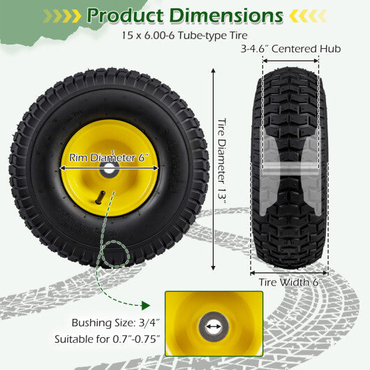15 x 6.00-6 Tube-type Tires & Wheels 2 Pack 4 PR Tires-Yellow W2B