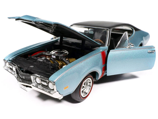1968 Oldsmobile 442 W30 Holiday Coupe Teal Frost Metallic with Red Stripes and Black Vinyl Top "Hemmings Motor News July 2023 Cover Car" "American Muscle" Series 1/18 Diecast Model Car by Auto World Autoworld