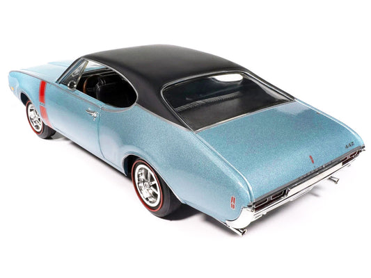 1968 Oldsmobile 442 W30 Holiday Coupe Teal Frost Metallic with Red Stripes and Black Vinyl Top "Hemmings Motor News July 2023 Cover Car" "American Muscle" Series 1/18 Diecast Model Car by Auto World Autoworld