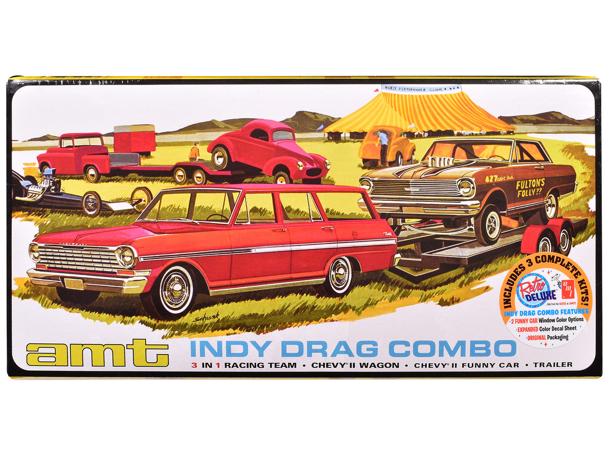 Skill 2 Model Kit Indy Drag Combo Chevrolet II Wagon and Funny Car with Trailer 3 in 1 Set 1/25 Scale Model by AMT AMT