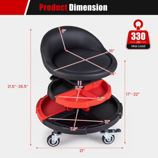 360? Rolling Mechanic Stool with 2 Tool Storage Trays-Red W2B