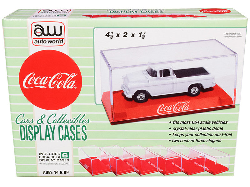 6 Collectible Acrylic Display Show Cases with Red Plastic Bases with 3 Different Slogans "Coca-Cola" for 1/64 Scale Model Cars by Auto World Autoworld