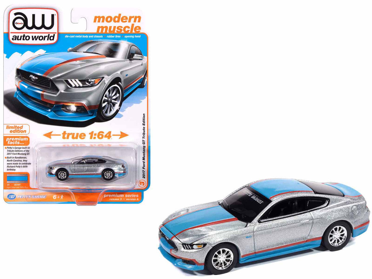 2017 Ford Mustang GT Tribute Edition "Petty's Garage" Ingot Silver Metallic with Petty Blue and Red Stripes "Modern Muscle" Series 1/64 Diecast Model Car by Auto World Autoworld