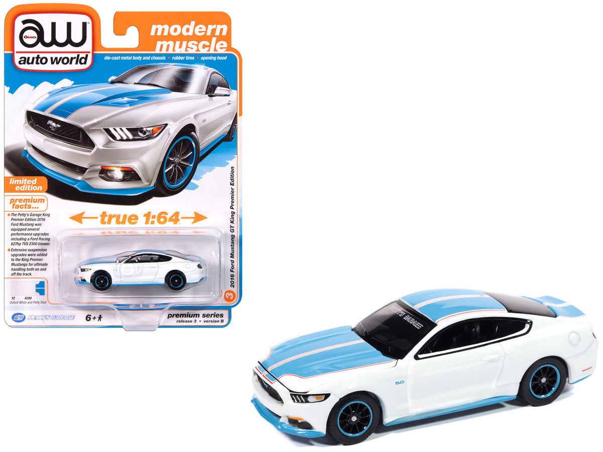 2016 Ford Mustang GT King Premier Edition "Petty's Garage" Oxford White with Petty Blue Stripes "Modern Muscle" Series 1/64 Diecast Model Car by Auto World Autoworld